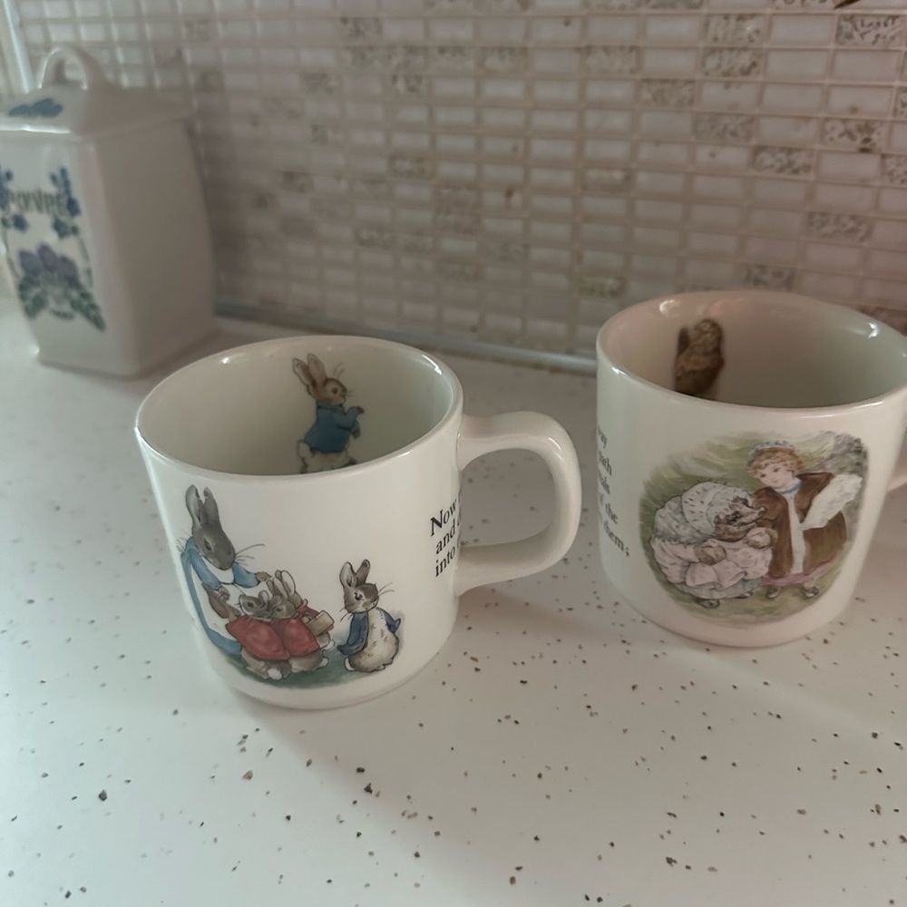 2 Wedgewood small China Peter Rabbit and Miss Tiggy Winkle children mugs